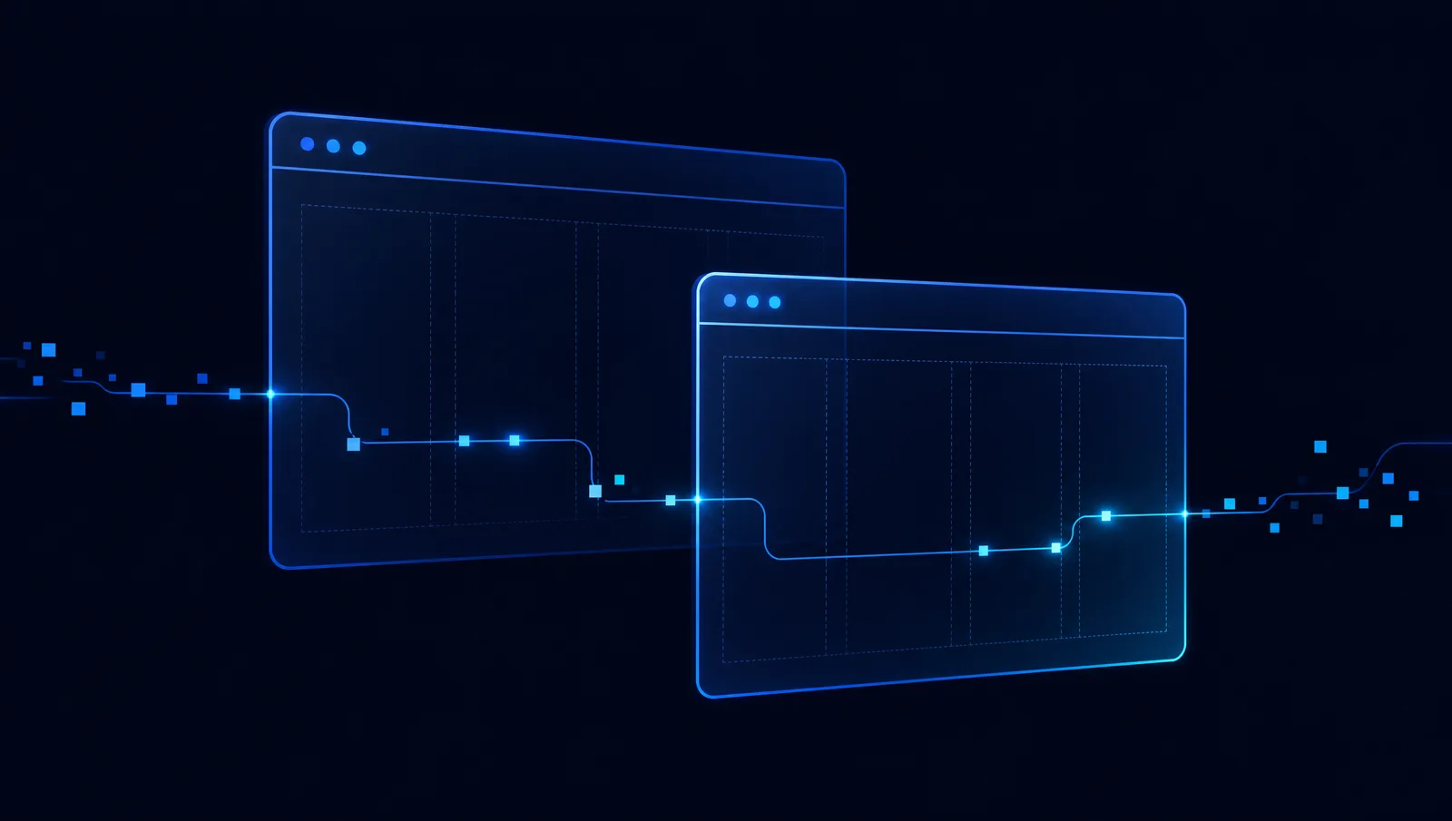 Abstract browser window wireframes joined by a signal line