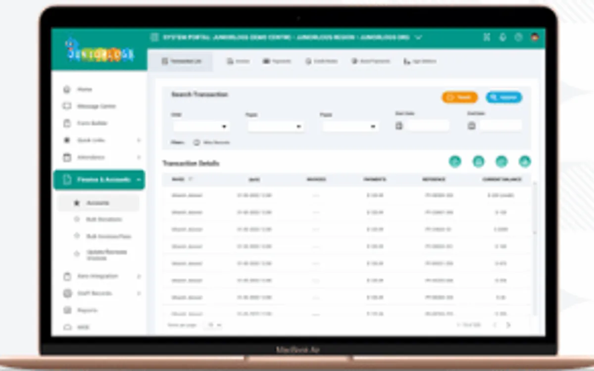 A laptop showing the Juniorlogs system portal: the finance and accounts sidebar expanded, a transaction search filter bar and a transaction details table