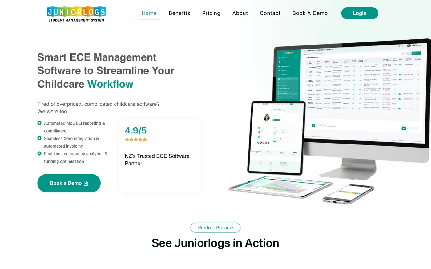 The live Juniorlogs marketing site: the product headline and rating card beside a monitor, tablet and phone showing the Juniorlogs admin dashboard