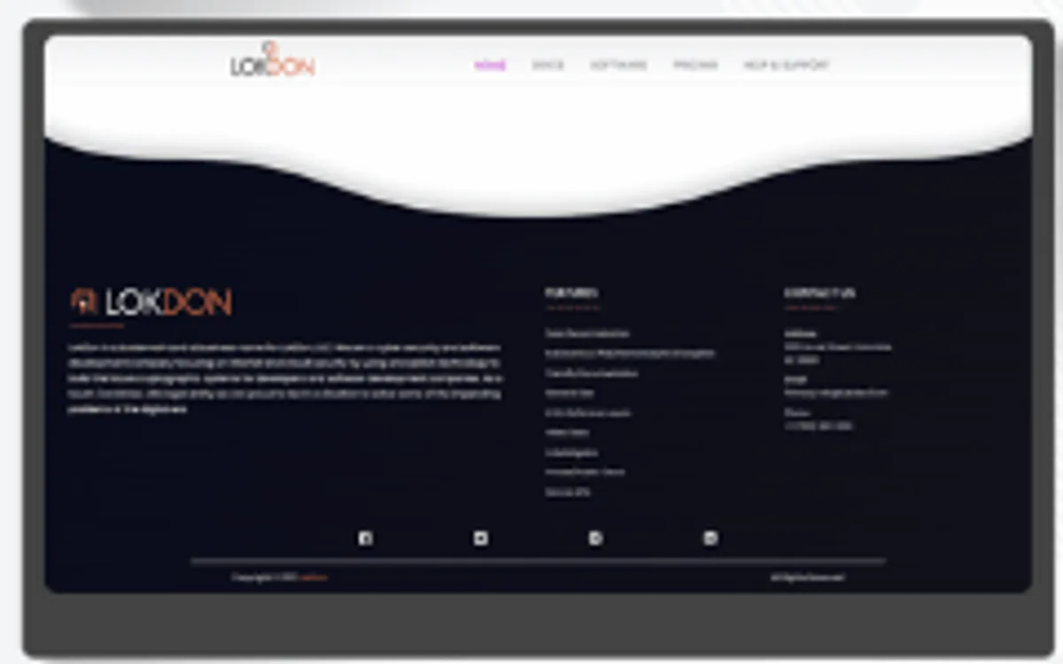 A monitor showing the LokDon developer site: the navigation header above the documentation footer with its features and contact columns