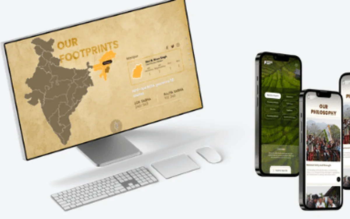 A desktop monitor showing the National People's Party 'Our Footprints' map page, with three phones beside it showing the mobile site