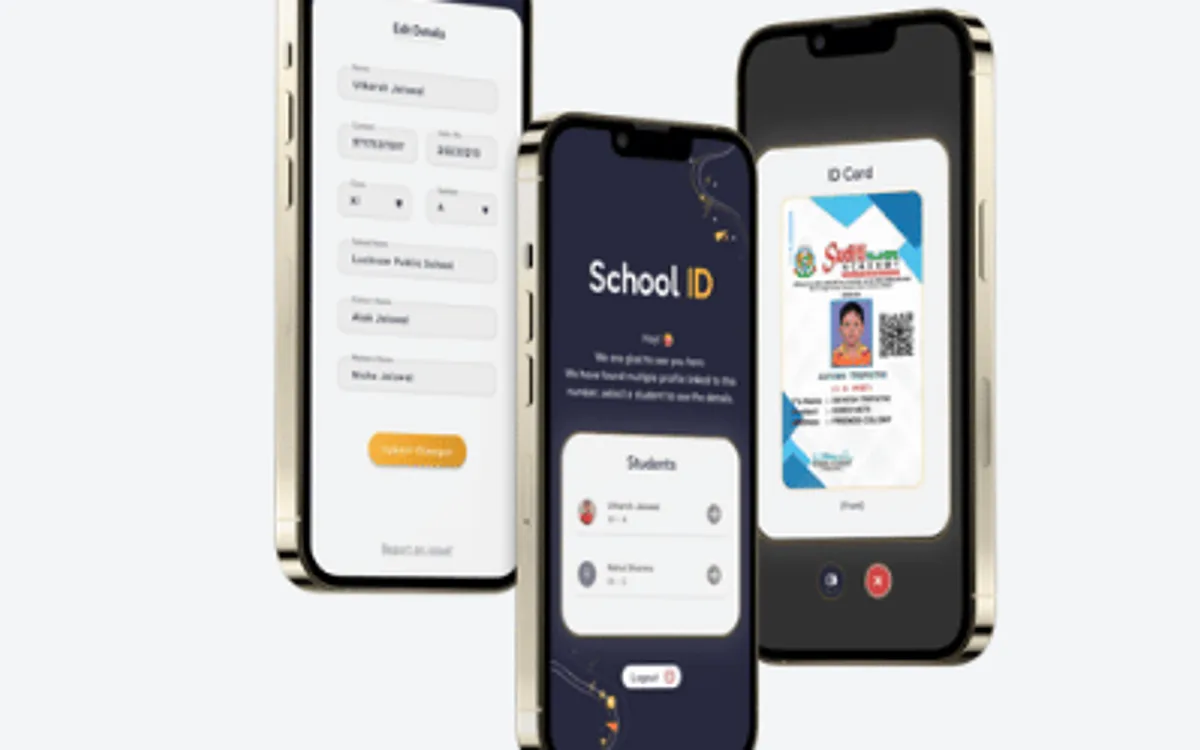 Three phones showing the School ID student app: an edit-details form, the student-picker home screen, and a generated student ID card