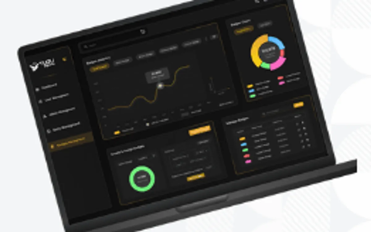 A laptop showing the TLOU Esports admin dashboard: a line chart, a segmented donut chart, a progress ring and a colour-coded legend panel