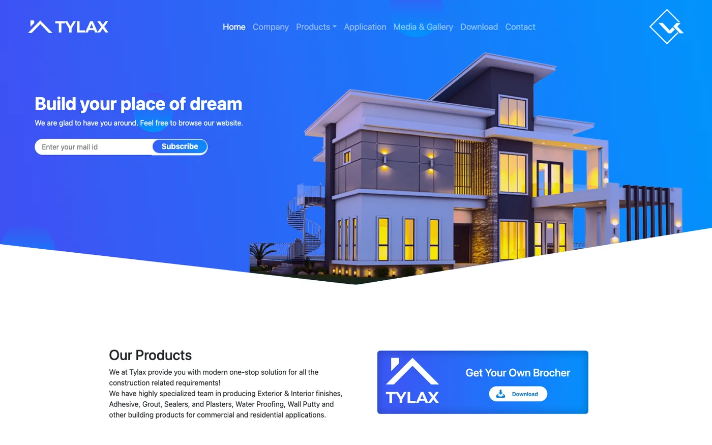 The live Tylax site: the product hero with a rendered modern house, above the start of the products section